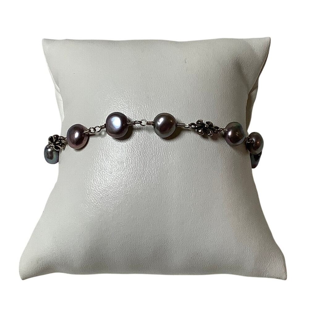 925 Sterling Silver Gray Baroque Pearl Bead Station Bracelet Cottagecore F14-21